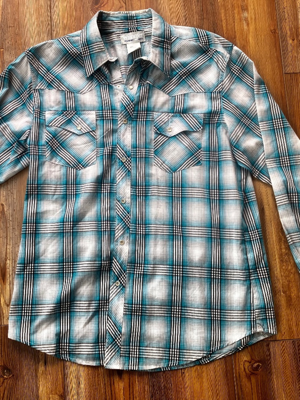 Wrangler Wrancher Shirt Womens Large Blue Plaid Western Pearl Snap Long Sleeve